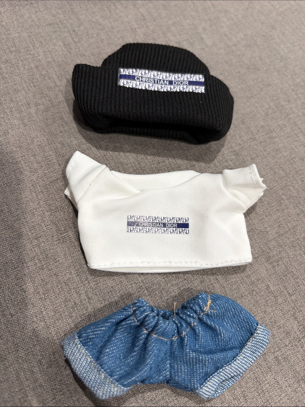 Labubu or Small Doll CD Black Beanie, White Tee & Blue Denim Skirt